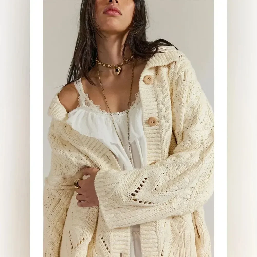Free People Heart You Cardigan Ivory Button-Up Cardigan Sweater Size Medium